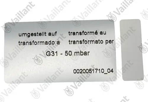 Vaillant Umstellsatz mit Informationen in mehreren Sprachen zur Umstellung auf G31 - 50 mbar. Enthält die Produktnummer 0020051710_04.
